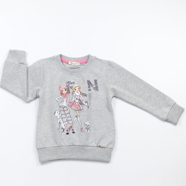 Girls' Fancy' Printed Long Sleeve Sweatshirt Grey/Pink Melange (3-9y) - Clothes4Kids