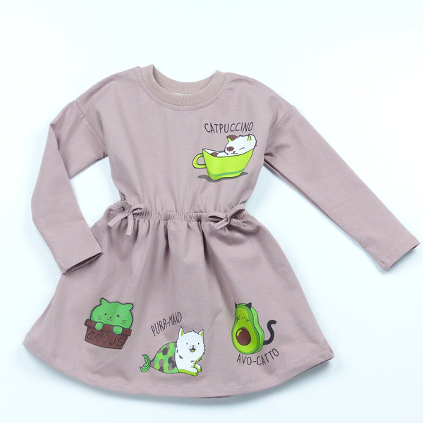 Girls' Catpuccino' Printed Long Sleeve Dress (18m-8y) - Clothes4Kids