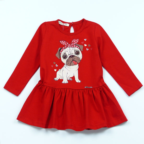 Girls' Pug' Printed Long Sleeve Red/Light Grey Dress (1-5y) - Clothes4Kids