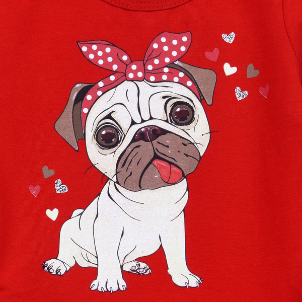 Girls' Pug' Printed Long Sleeve Red/Light Grey Dress (1-5y) - Clothes4Kids