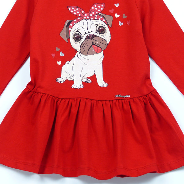 Girls' Pug' Printed Long Sleeve Red/Light Grey Dress (1-5y) - Clothes4Kids