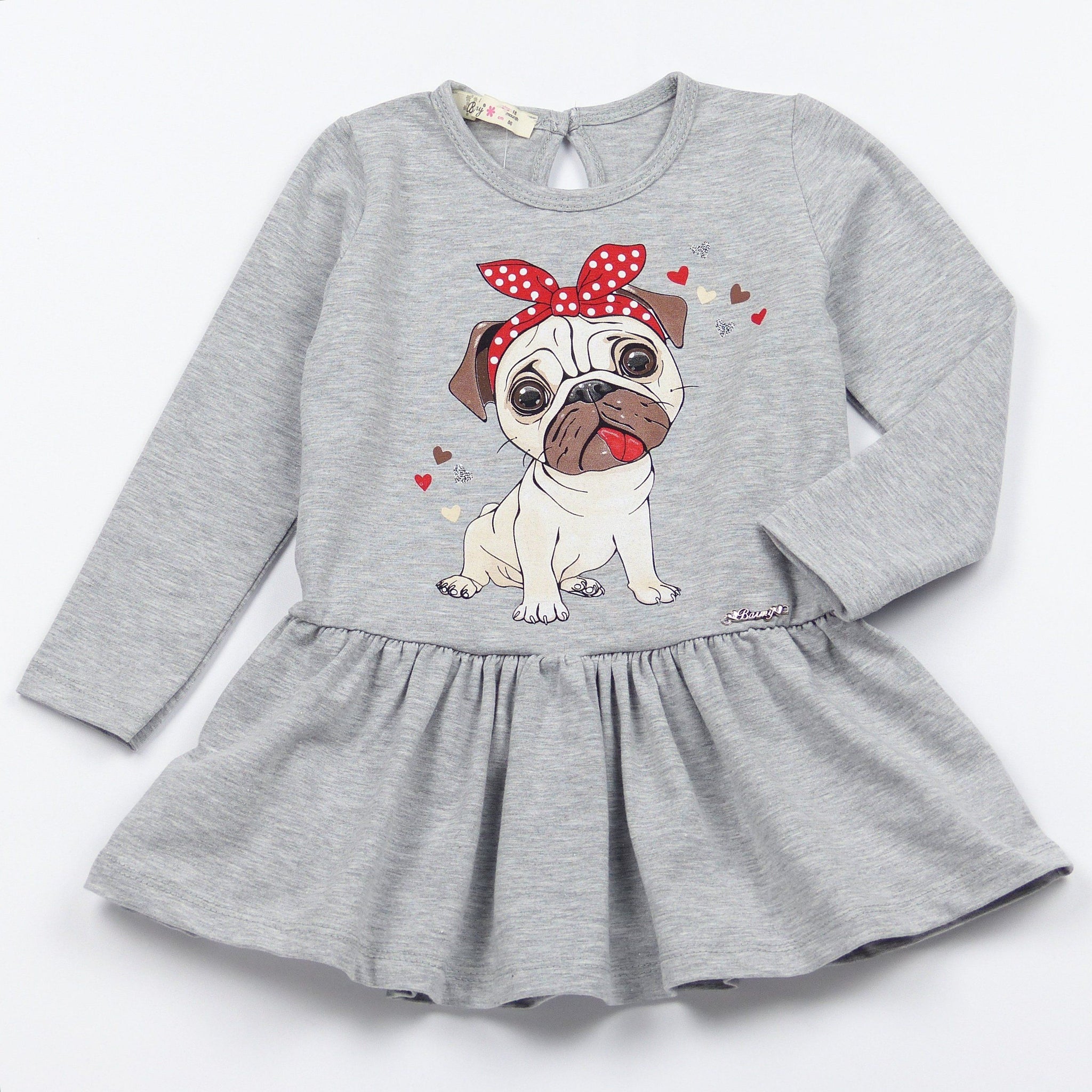 Girls' Pug' Printed Long Sleeve Red/Light Grey Dress (1-5y) - Clothes4Kids