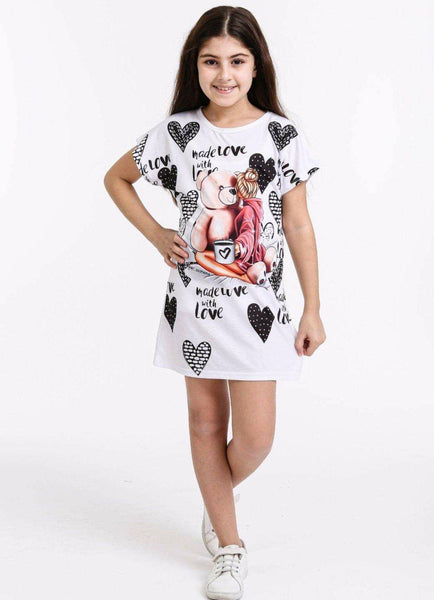 Girls' Made with Love' Teddy Bear White Short Sleeve Dress (8-14y) - Clothes4Kids