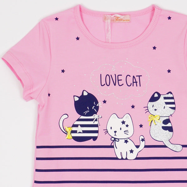 Girls' Love Cat ' Printed Pink/White T-Shirt (3-8y) - Clothes4Kids