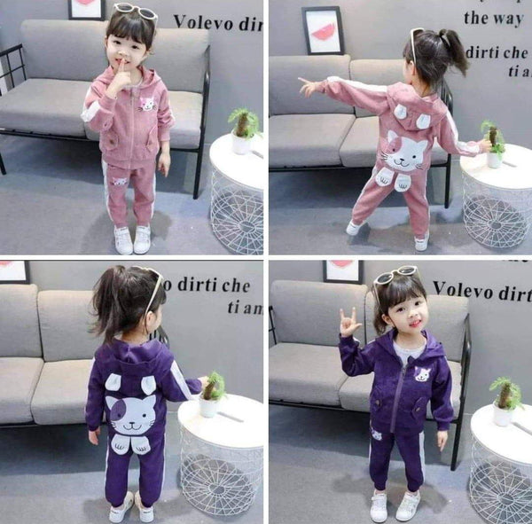 Girls' Velour Cat Tracksuit Pink/Violet  (3-10y) - Clothes4Kids