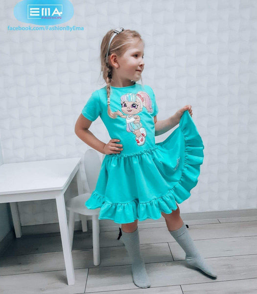 Girls' Sequin Doll ' Short Sleeve Blue Dress (4-10y) - Clothes4Kids